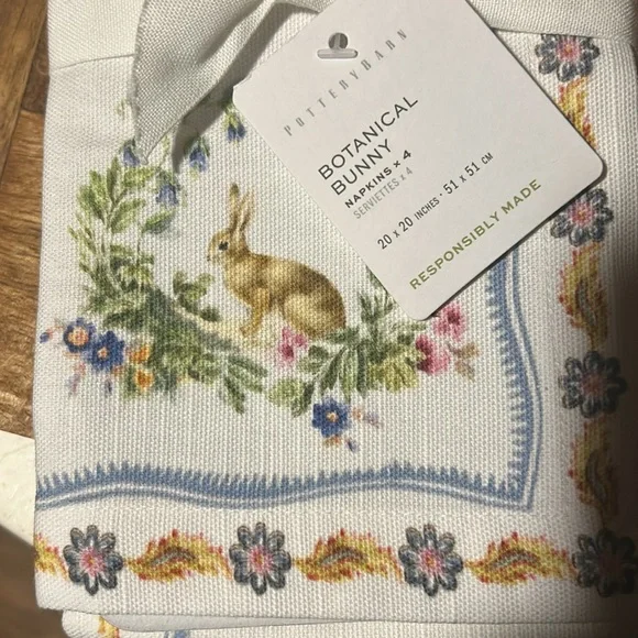 Pottery Barn Botanical Bunny 🐰 Cotton Napkins Set Of 4 BNWT - Picture 6 of 7
